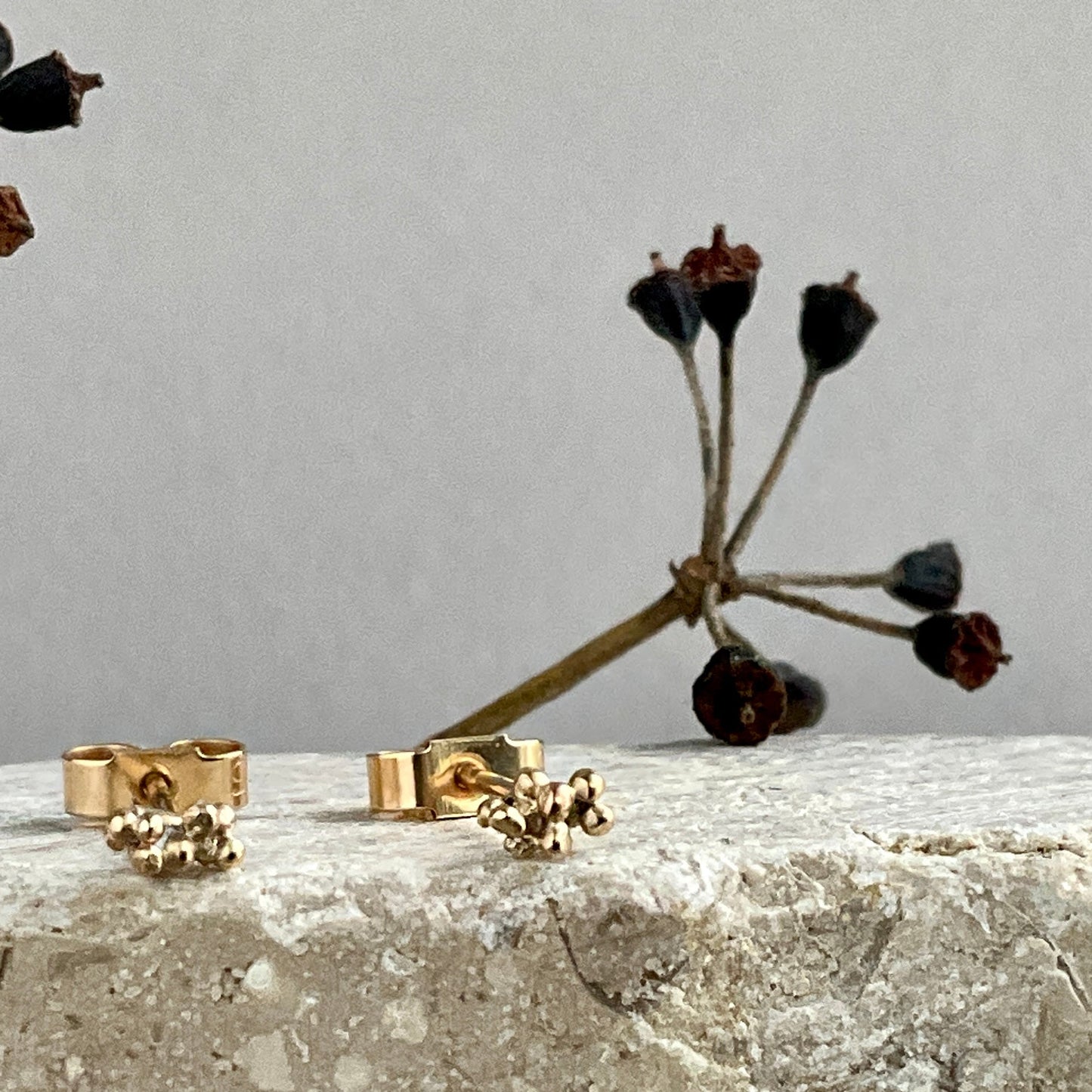 Gold stud earrings on a stone surface with a decorative plant stem in the background.