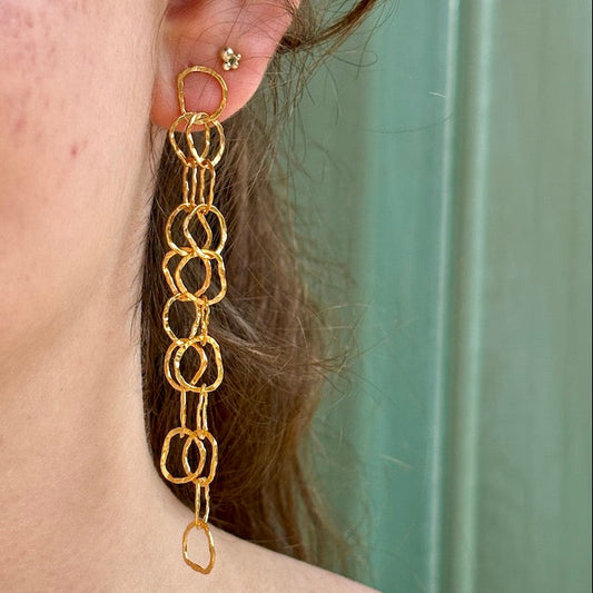 Gold chain earrings worn by a person with a teal background