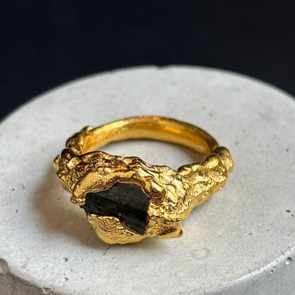 gold ring with black tourmaline raw gemstone