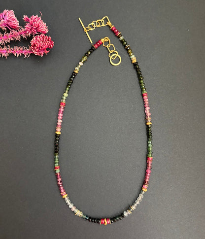 INDIAN SUMMER BEADED GOLD VERMEIL NECKLACE - TOURMALINE/RUBY