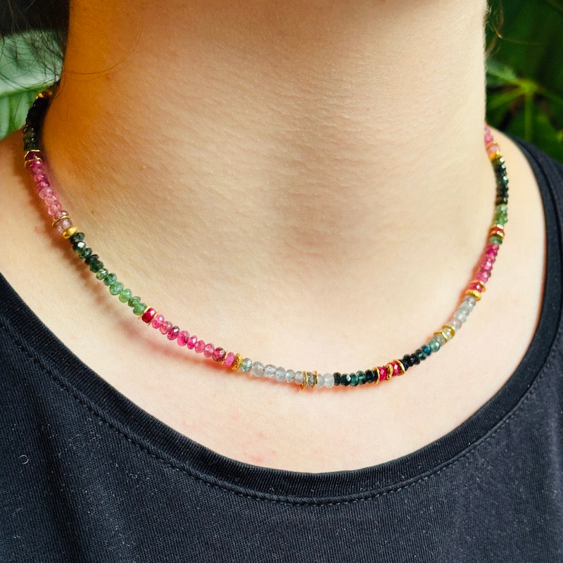 INDIAN SUMMER BEADED GOLD VERMEIL NECKLACE - TOURMALINE/RUBY