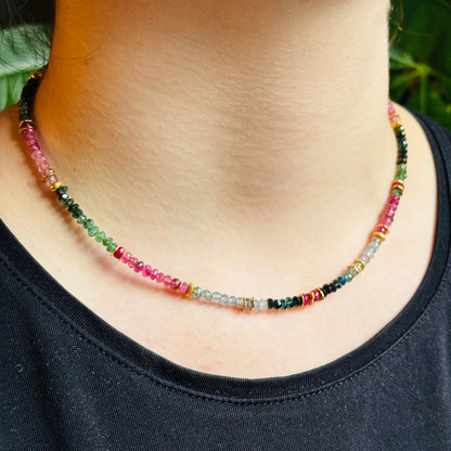 INDIAN SUMMER BEADED GOLD VERMEIL NECKLACE - TOURMALINE/RUBY