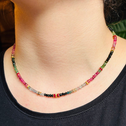 INDIAN SUMMER BEADED GOLD VERMEIL NECKLACE - TOURMALINE/RUBY