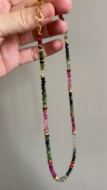 INDIAN SUMMER BEADED GOLD VERMEIL NECKLACE - TOURMALINE/RUBY