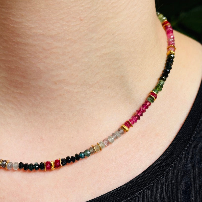 INDIAN SUMMER BEADED GOLD VERMEIL NECKLACE - TOURMALINE/RUBY